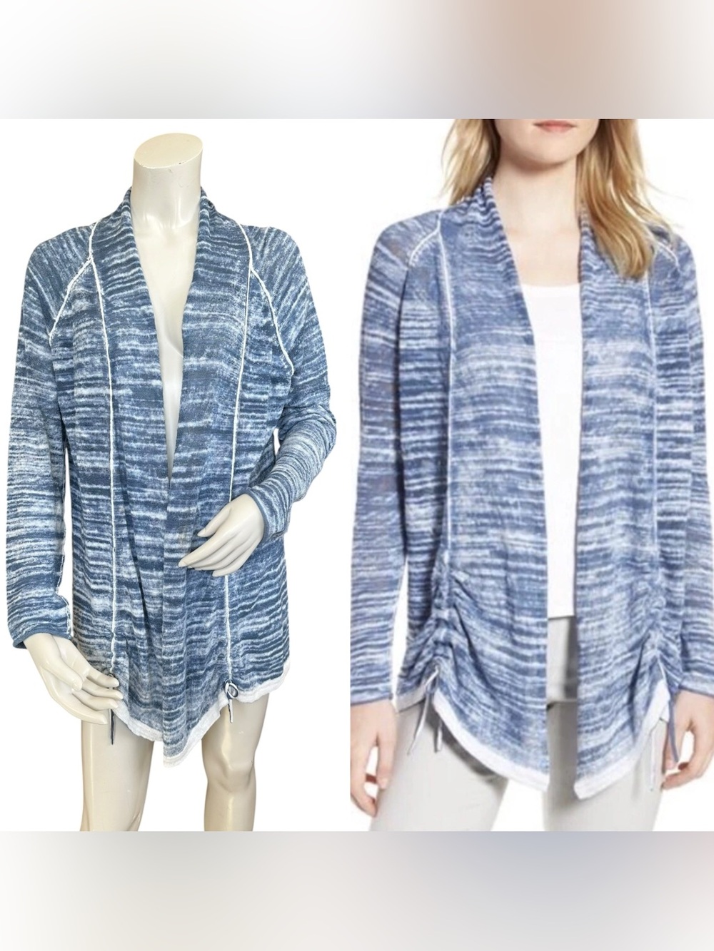 Nic + Zoe Blue and White Ruched Side Linen Blend Airy Open Cardigan Size Large